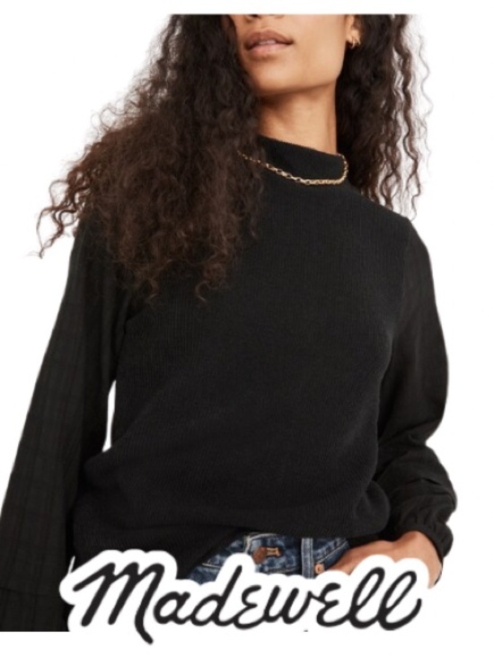 Madewell Tops - Madewell | Black Weavemix Mockneck Bubble Sleeve Top - Size M